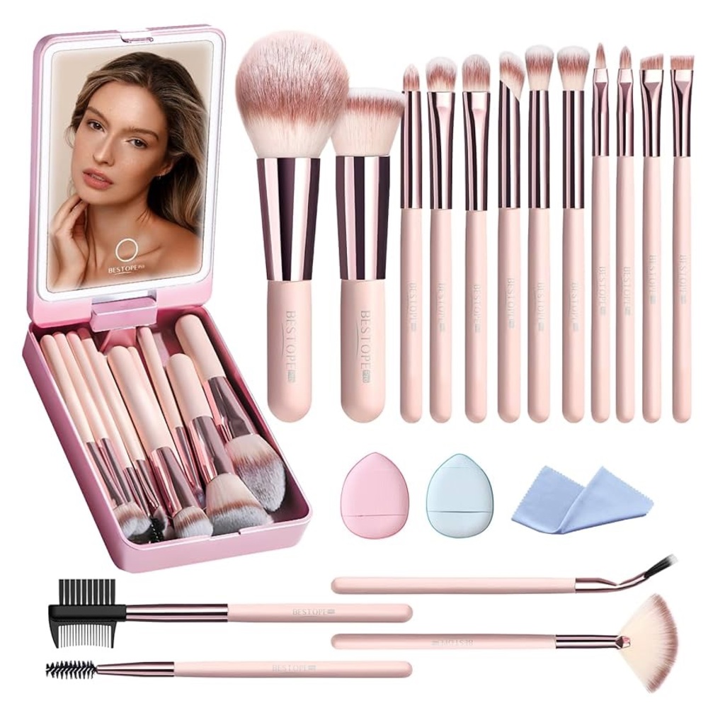 Travel Makeup Brush Set with LED Mirror